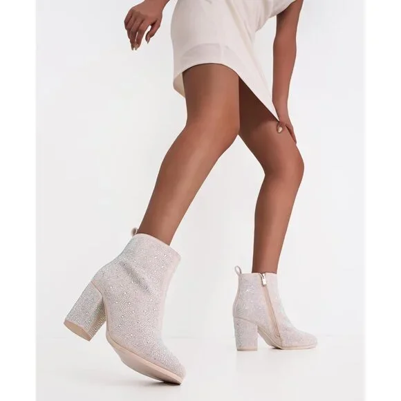 Jeossy Ankle Boots Women's Sparkly Rhinestone Faux Leather Block